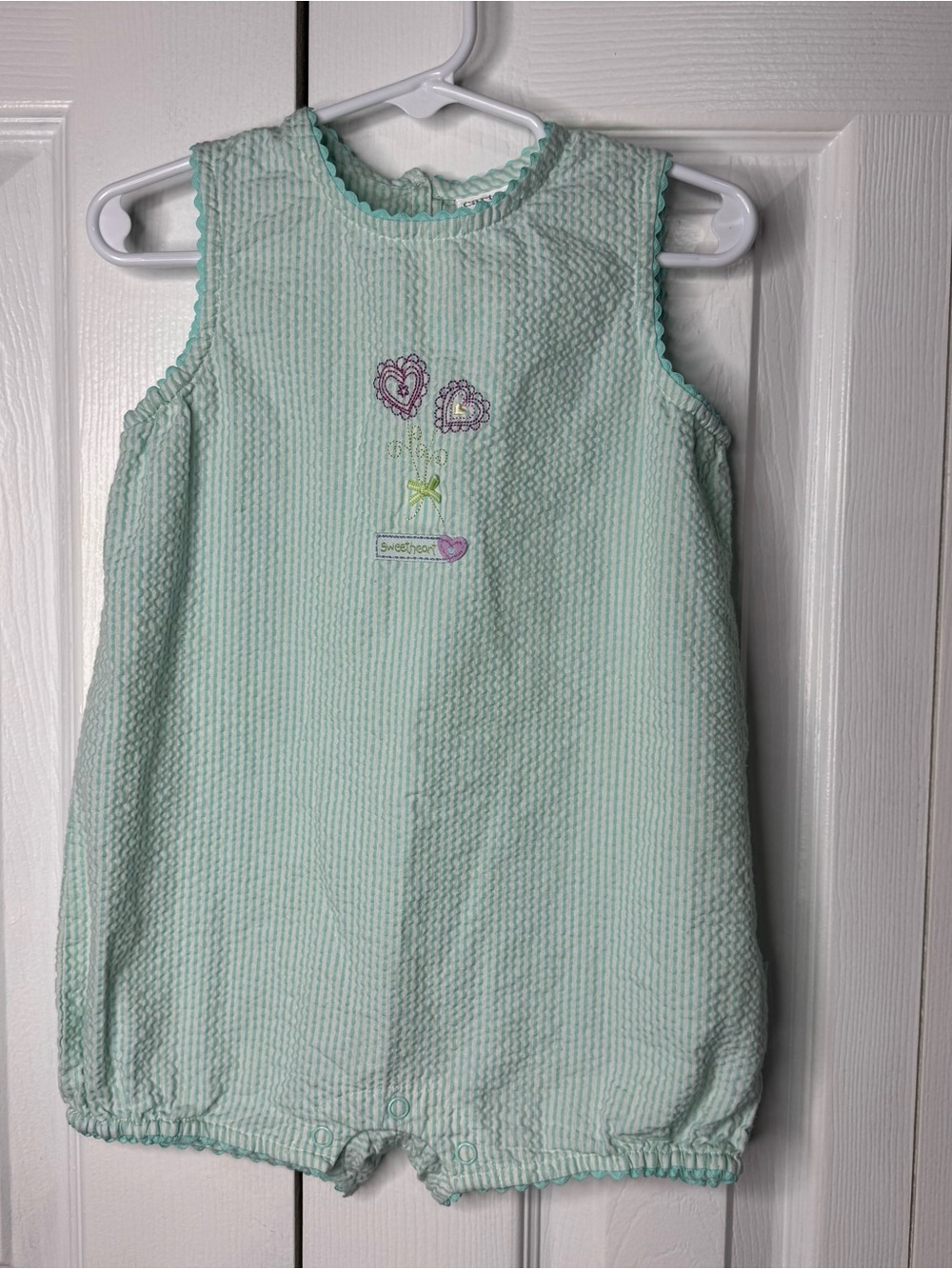 Vintage Carter's Mint Green Romper with Purple Heart Embroidery